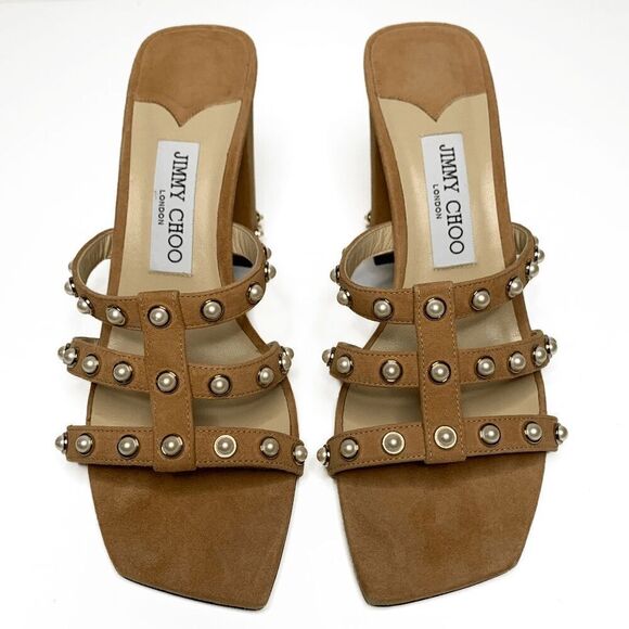 Jimmy Choo Hazal 85 Tan Suede Pearl Studded Heel Mule Slip On Sandal EU 39 US 9 - Picture 9 of 9